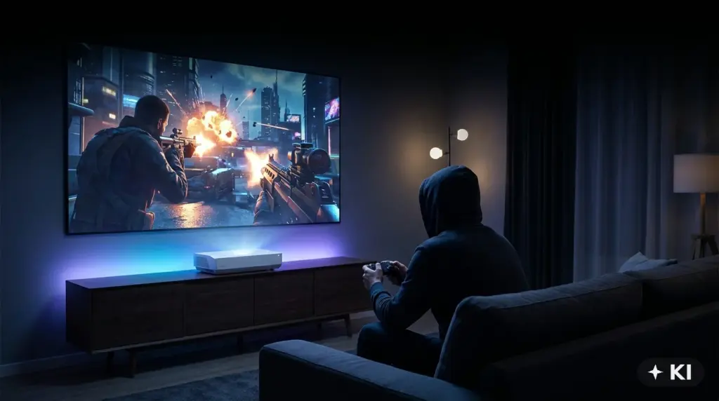 Einzelner Gamer mit Controller vor großem Laser-TV mit Action-Spiel, dunkles Wohnzimmer mit blau-violetter LED-Beleuchtung