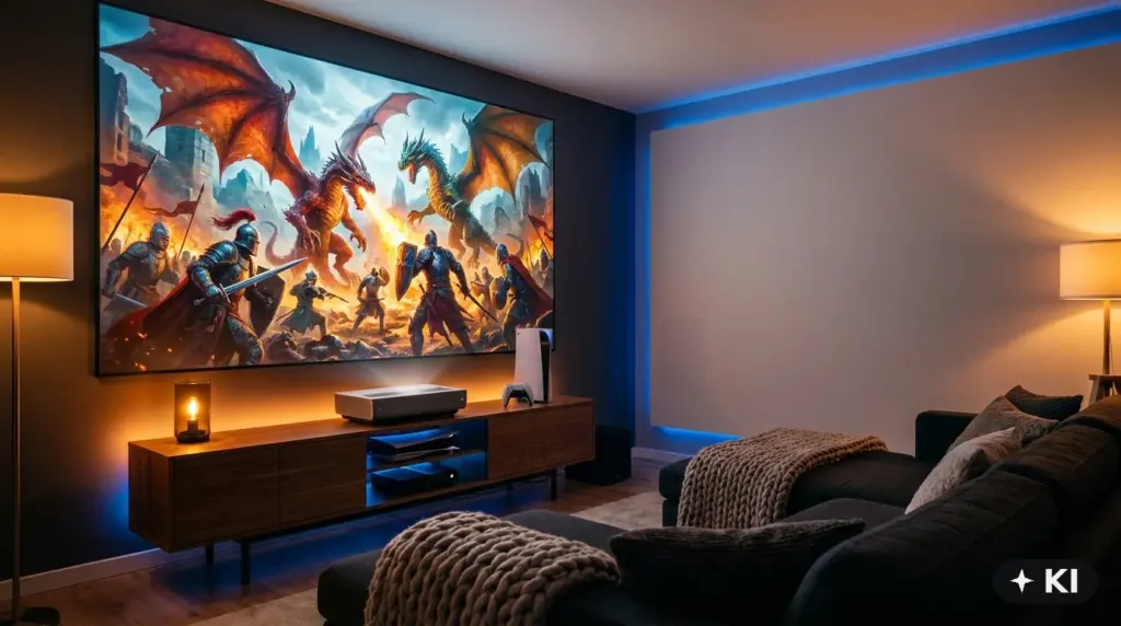 Laser-TV mit Fantasy-Spiel auf großer Leinwand, Spielekonsole auf dem Sideboard und blaue LED-Ambientebeleuchtung im dunklen Wohnzimmer