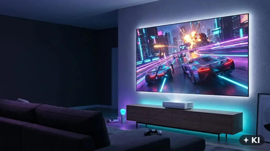Laser-TV auf Sideboard mit Neon-Rennspiel auf großer Leinwand, RGB-Ambientebeleuchtung im modernen dunklen Wohnzimmer, Controller auf dem Sofa