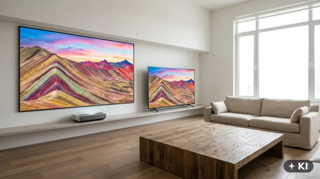 Größenvergleich im hellen Wohnzimmer: große Laser-TV-Leinwand neben deutlich kleinerem Flachbildfernseher mit gleichem bunten Bergmotiv