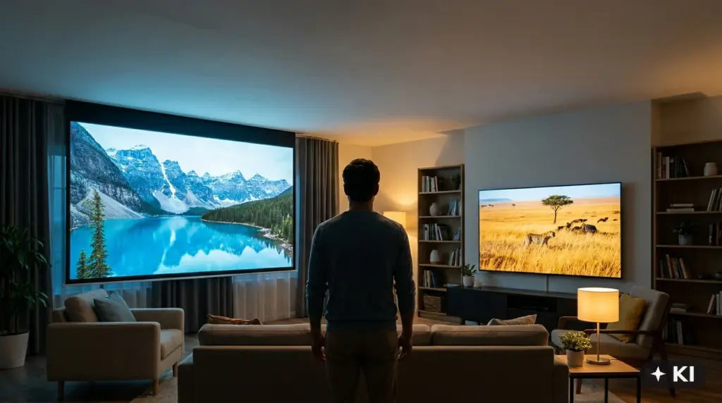 Person steht im Wohnzimmer zwischen großer Beamer-Leinwand mit Bergsee-Motiv und kleinerem Flachbildfernseher mit Savannenmotiv – Vergleich Beamer gegen Fernseher