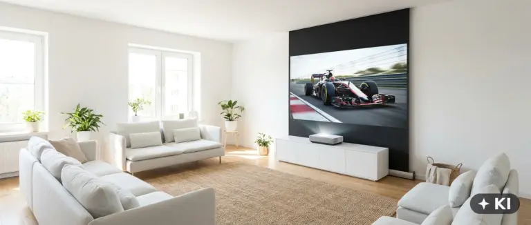 Ultrakurzdistanz-Laser-TV auf weißem Sideboard mit großer Rahmen-Kontrastleinwand und Formel-1-Rennwagen als Bild, helles minimalistisches Wohnzimmer