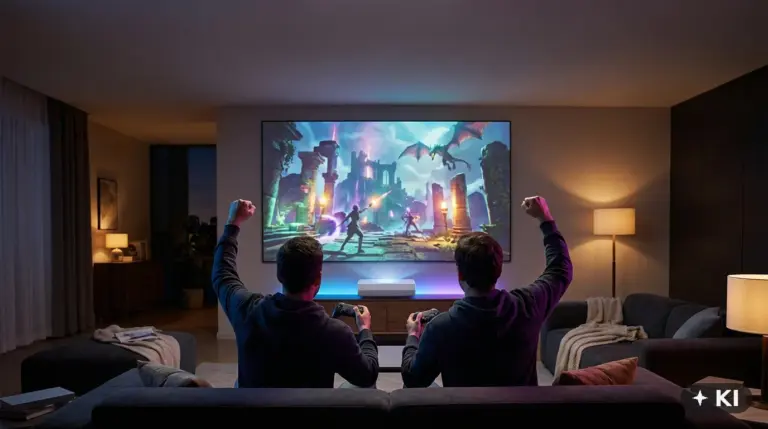 Zwei Erwachsene von hinten jubeln mit Controllern beim Videospiel auf großem Laser-TV, abgedunkeltes Wohnzimmer mit LED-Beleuchtung
