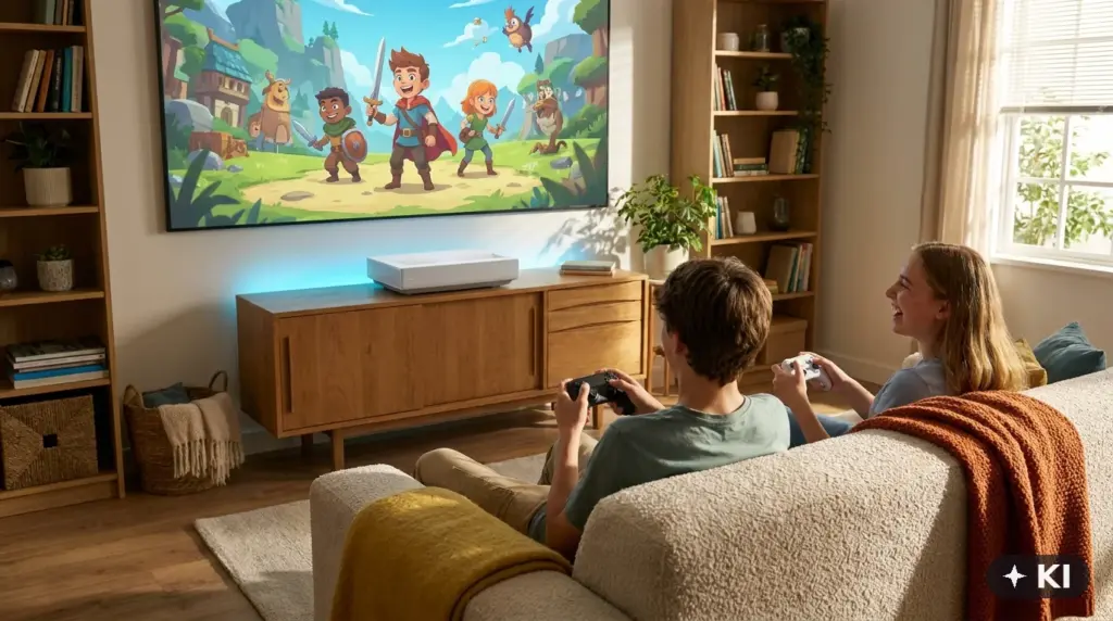 Zwei Jugendliche spielen mit Controllern ein buntes, familienfreundliches Videospiel auf großem Laser-TV im hellen Wohnzimmer mit Bücherregalen