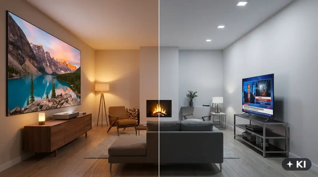 Split-Screen-Vergleich: links gemütliches Wohnzimmer mit großer Laser-TV-Leinwand, rechts kühler eingerichteter Raum mit kleinem Flachbildfernseher