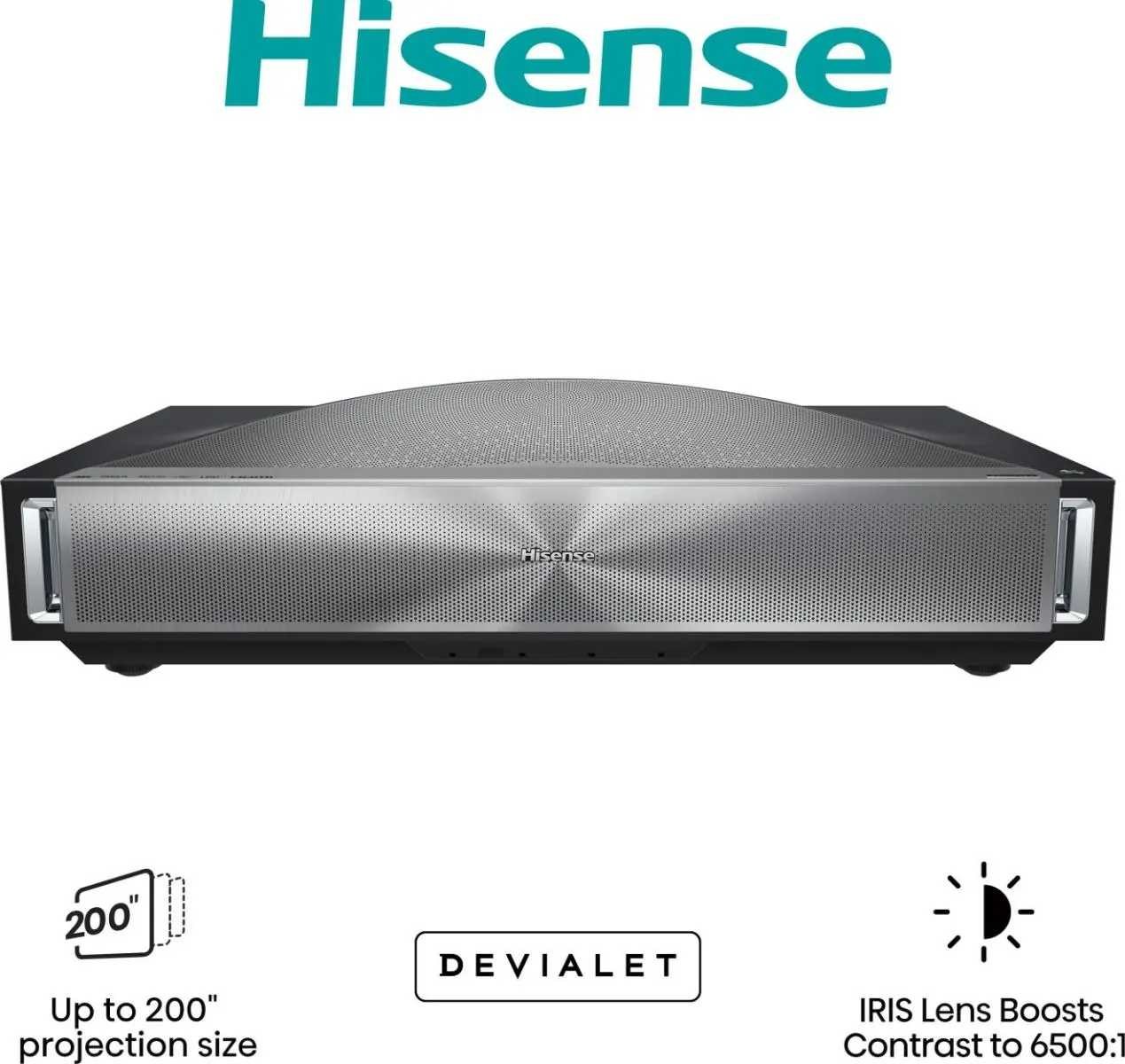 Hisense PX4 Pro Laser Cinema in der Frontansicht mit silberner Lautsprecherfront, darunter Feature-Symbole für 200 Zoll Bilddiagonale, Devialet-Sound und IRIS-Linse mit 6500:1 Kontrast