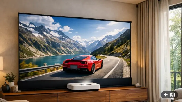 Laser-TV auf Sideboard an der Frontwand eines Wohnzimmers mit von unten nach oben ausgefahrener Kontrastleinwand, Fensterfront rechts mit Vorhängen, Querformat 16:9, mit KI-Badge